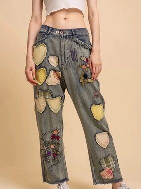 POL Straight-Leg Embroidered Heart Patch Jeans - Yellow & Cream Accents